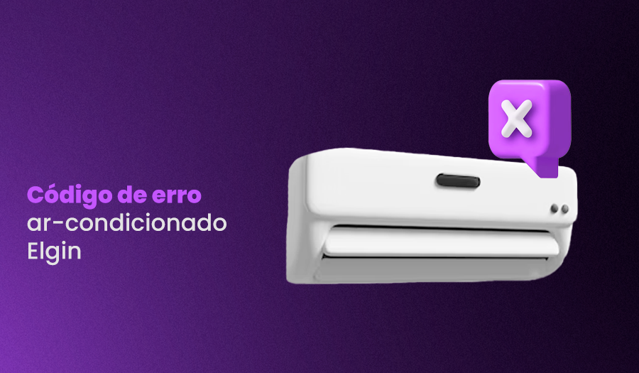 à esquerda, título "Código de erro ar-condicionado Elgin" e à direita, ilustração de ar-condicionado e ícone de X.