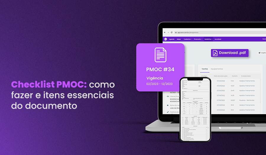 à esquerda, título: "Checklist PMOC ar-condicionado: como fazer e itens essenciais" e à direita, ilustração de checklist de tarefa de serviços de PMOC em celular e computador
