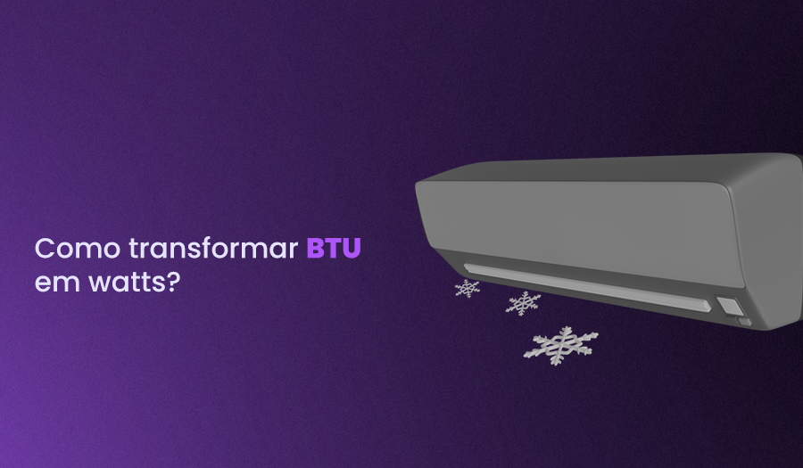 título à esquerda "Como transformar BTU em watts?" e à direita, ilustração de ar-condicionado
