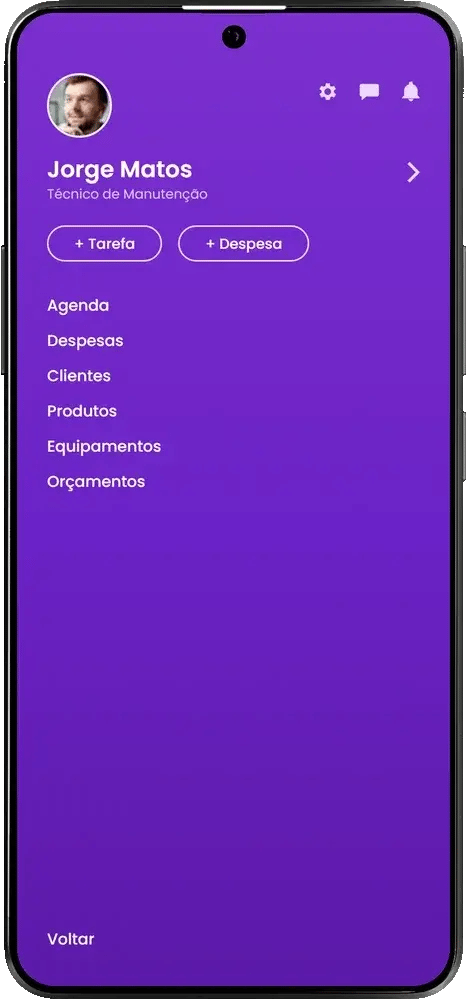 Animação do app do técnico do Auvo Service: menu, agenda do dia, detalhe da OS, relatório com fotos e assinatura, questionário de PMOC, despesas e mapa