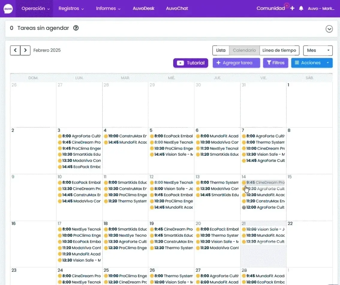 Agenda mensual de Auvo Service con las tareas de mantenimiento distribuidas en cada día del calendario