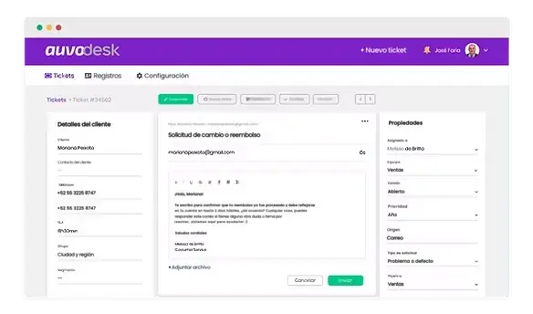 Ticket abierto en AuvoDesk con datos del cliente, respuesta por correo en edición y propiedades como responsable, estado, prioridad y origen