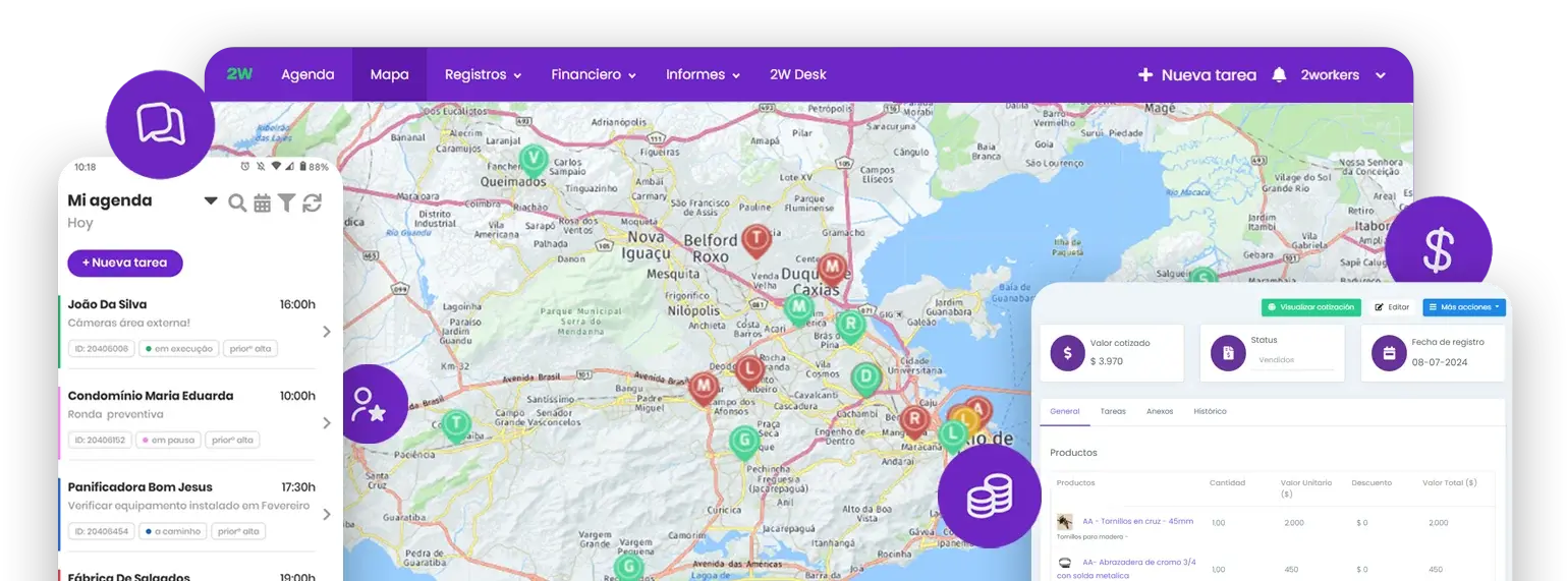 Mapa con la posición de las tareas del equipo en la región, la agenda del día en la app del técnico con el estado de cada tarea y el detalle de un presupuesto