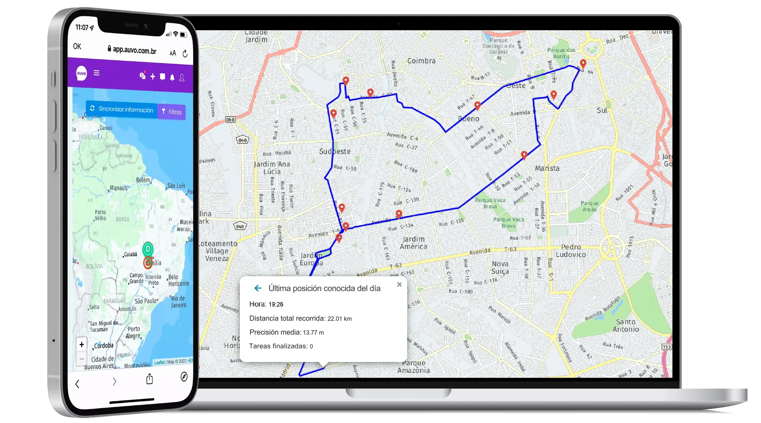 Ruta del técnico en el mapa de Auvo, en la computadora y en el celular, con las tareas del día marcadas y la última posición conocida con la distancia total recorrida
