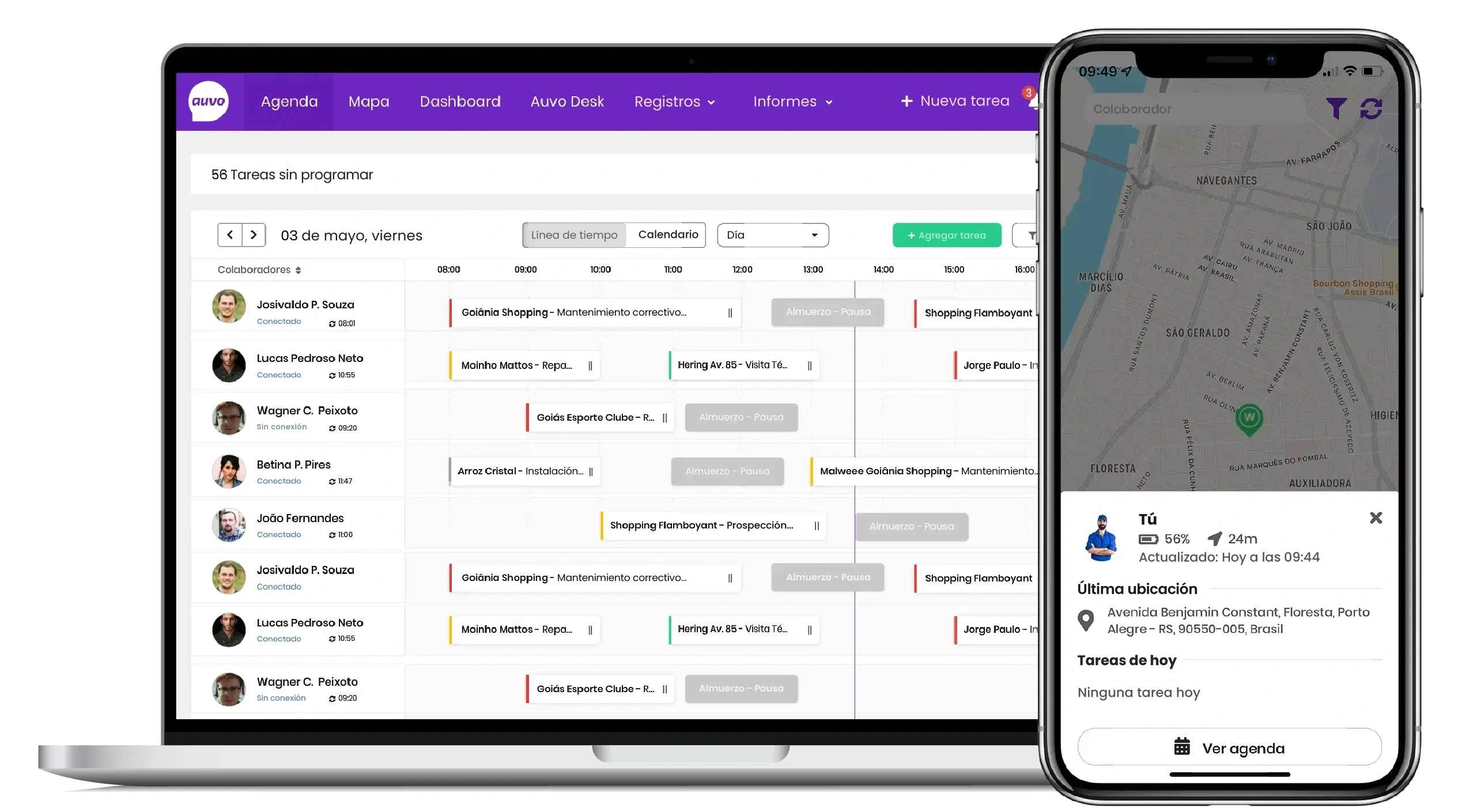 Agenda del equipo en Auvo Service, con la línea de tiempo de cada técnico en la computadora, y la app del técnico en el celular con la última ubicación
