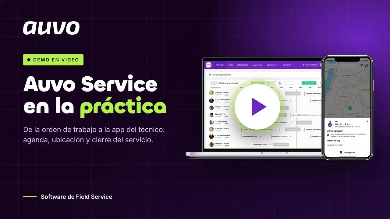 Portada del video Auvo Service en la práctica: panel con la agenda del equipo y app del técnico, con el botón de reproducir