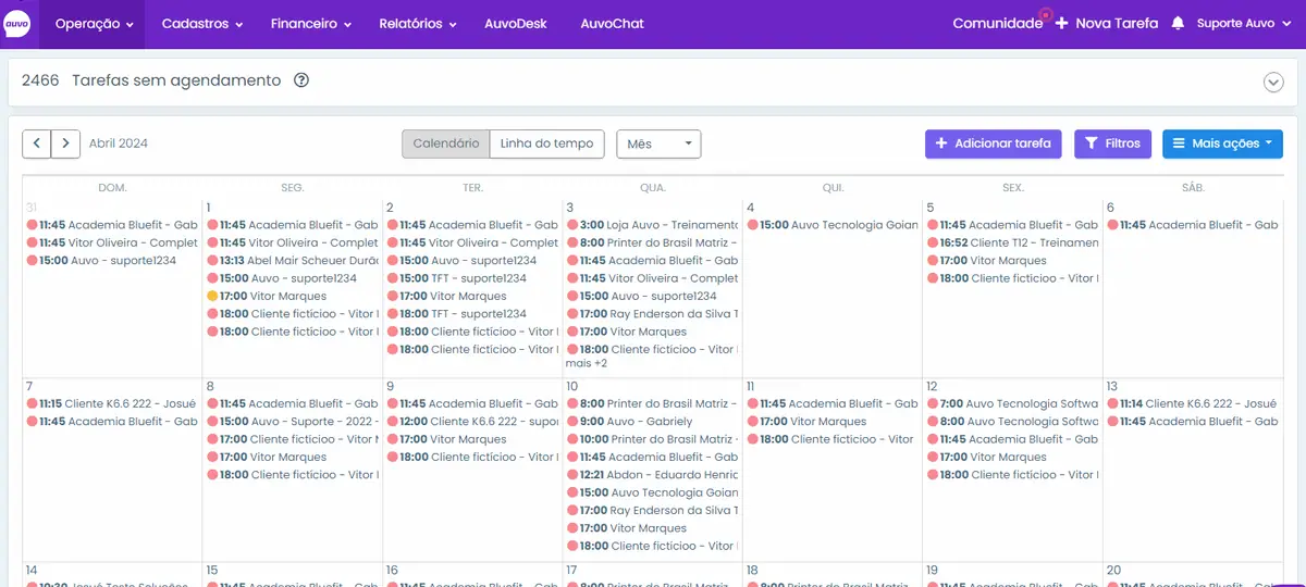 Animação do Auvo Service: orçamento criado a partir da tarefa, com produtos e serviços incluídos, resumo de valores, visualização do orçamento e envio por e-mail ao cliente