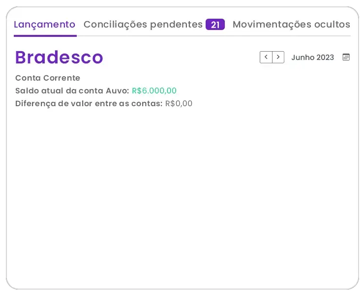 Animação do Auvo Service: tela de lançamentos da conta bancária, com saldo no Auvo e no banco lado a lado e conciliação de cada movimentação