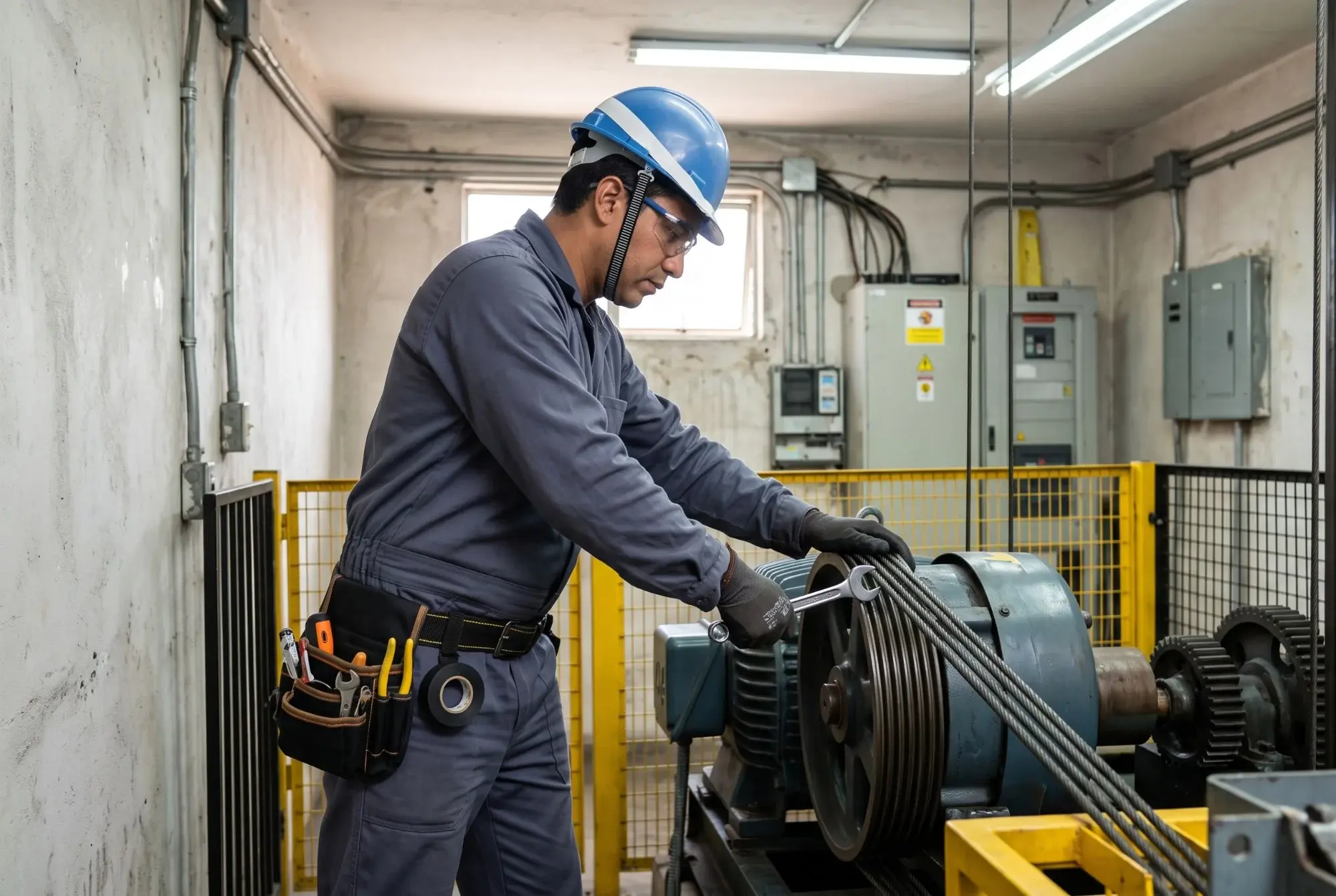 Técnico de ascensores con casco y guantes haciendo el mantenimiento de la máquina de tracción en la sala de máquinas