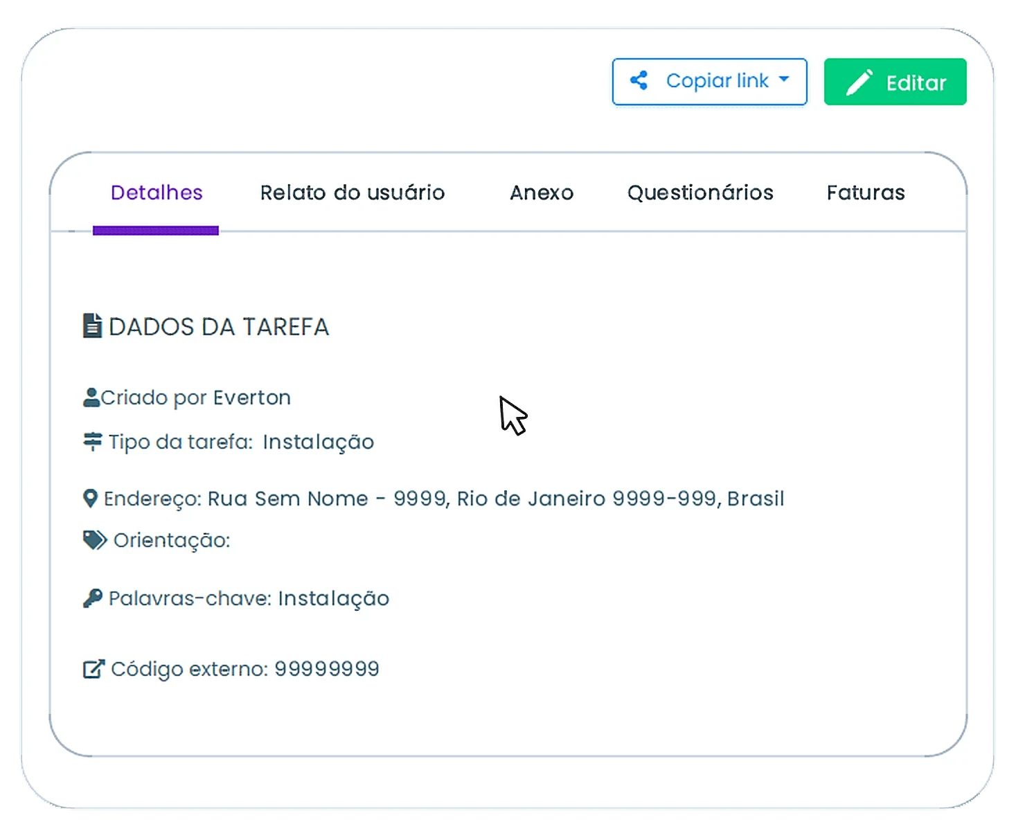 Animação do Auvo Service: dados da tarefa, botão Copiar link, a OS digital aberta e o relatório de atividades da tarefa concluída