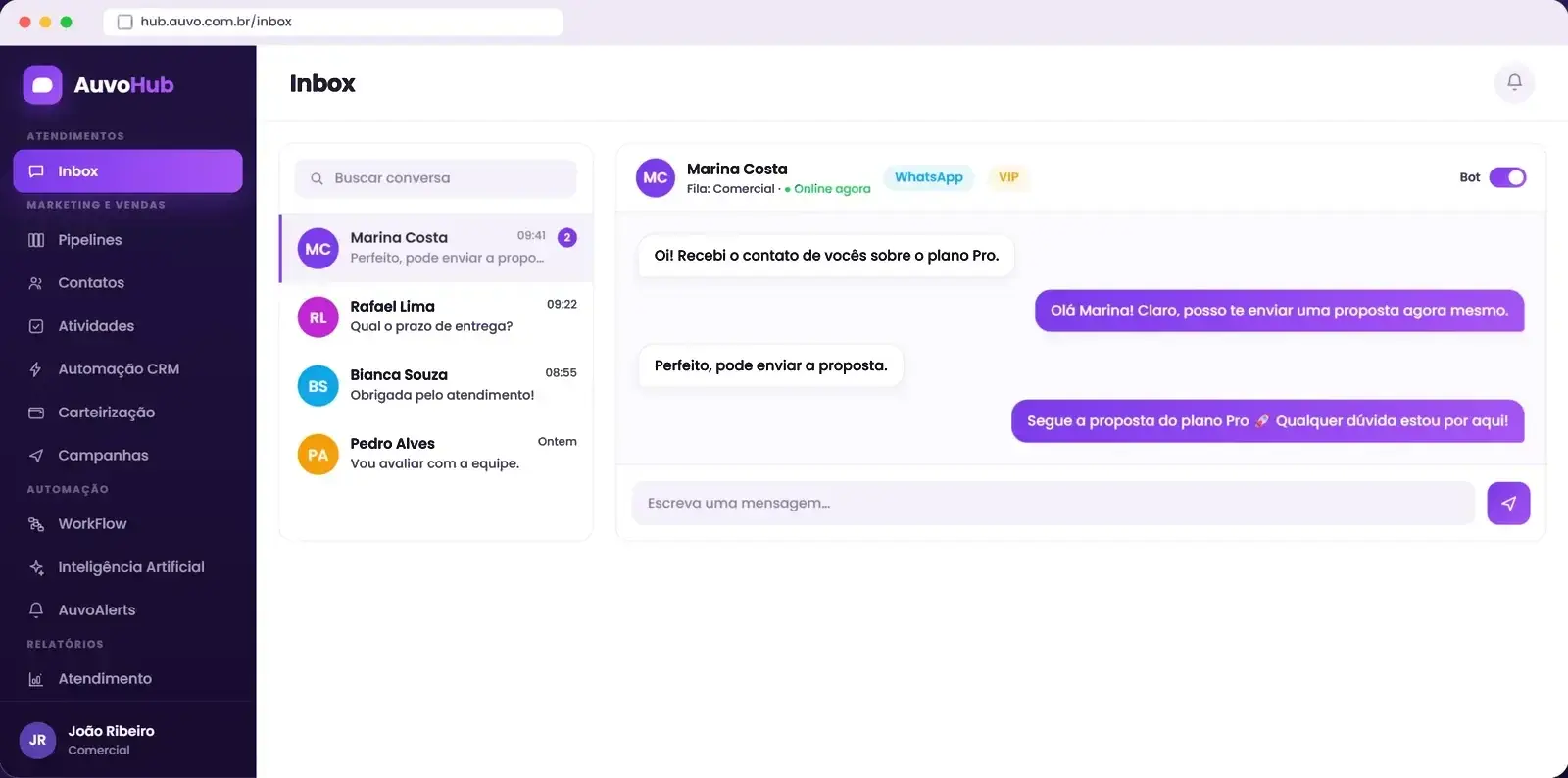 Animação do Auvo Hub passando pelas telas Inbox, Pipelines, Contatos, Atividades, Automação CRM, Carteirização, Campanhas, Workflow, Atendimento com IA, AuvoAlerts e Relatório de Atendimento