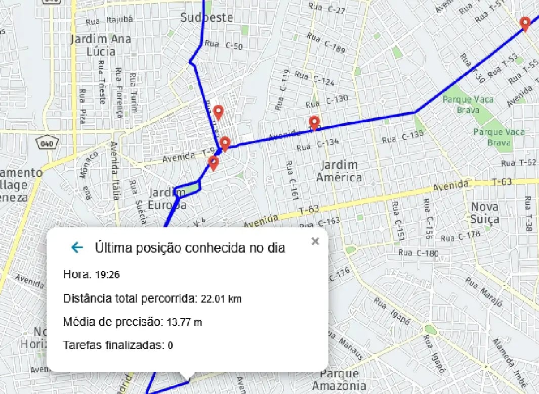 Trajeto do técnico no mapa do Auvo com a última posição conhecida no dia: horário, distância total percorrida de 22,01 km, média de precisão e tarefas finalizadas