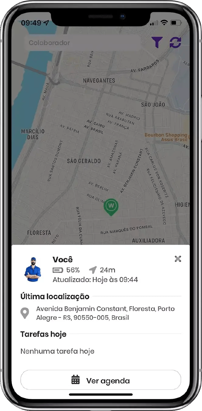 App da Auvo com o mapa e a última localização do técnico: endereço, horário da atualização, bateria do celular e precisão do GPS
