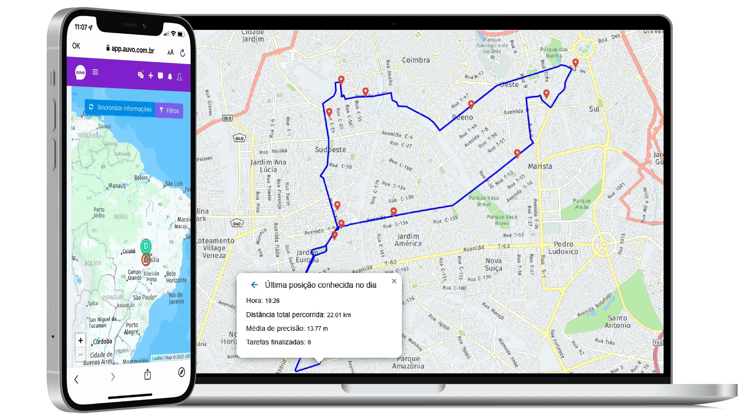 Rota do técnico no mapa do Auvo, no notebook e no celular, com as tarefas do dia marcadas e a última posição conhecida com a distância total percorrida
