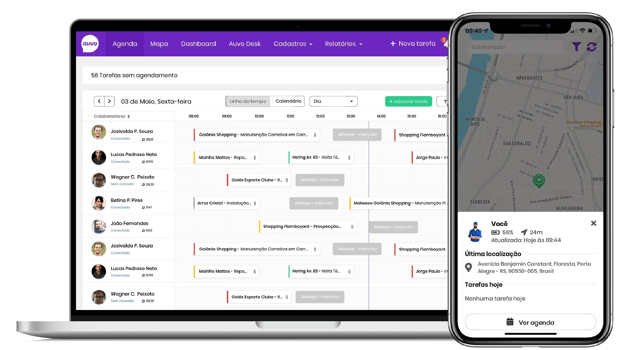 Agenda da equipe no Auvo Service, com a linha do tempo de cada técnico no computador, e o app do técnico no celular com a última localização e as tarefas do dia