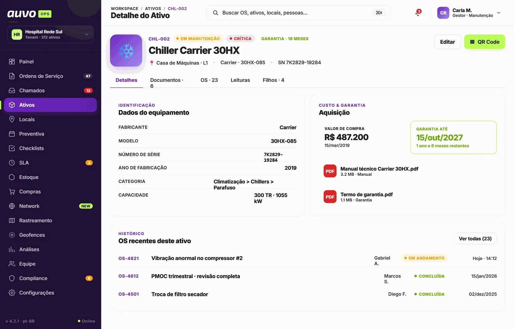 Ficha de um ativo no Auvo OPS com dados do equipamento, valor de compra, garantia, manuais em PDF e OS recentes