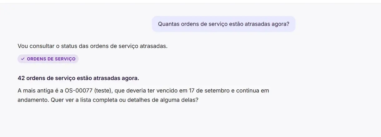 Resposta do Jonas IA no painel do Auvo OPS citando as ordens de serviço consultadas e sugerindo o próximo passo