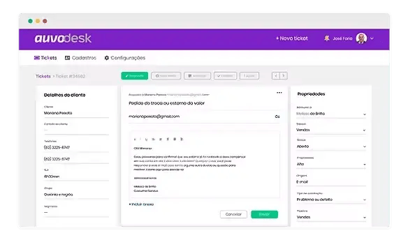 Ticket aberto no AuvoDesk com os dados do cliente e o SLA à esquerda, a troca de mensagens ao centro e, à direita, responsável, equipe, status, prioridade, origem e tipo de solicitação