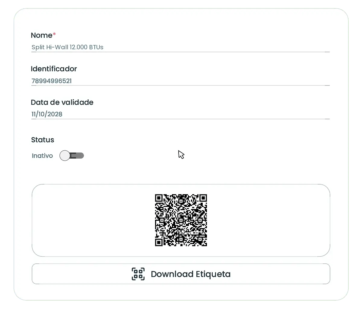Cadastro de um split hi-wall de 12.000 BTUs no Auvo Service com QR Code para abrir o histórico pelo celular