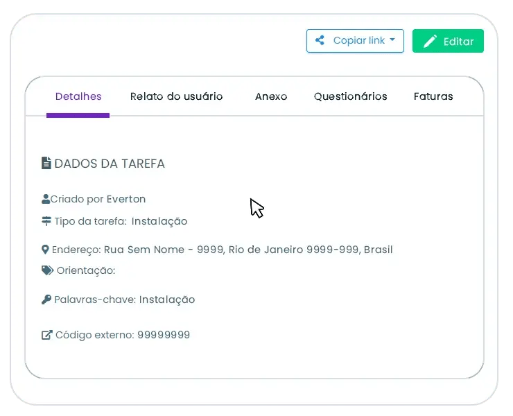 Detalhe da tarefa no Auvo Service com tipo de serviço, endereço, orientação e abas de relato, anexos, questionários e faturas