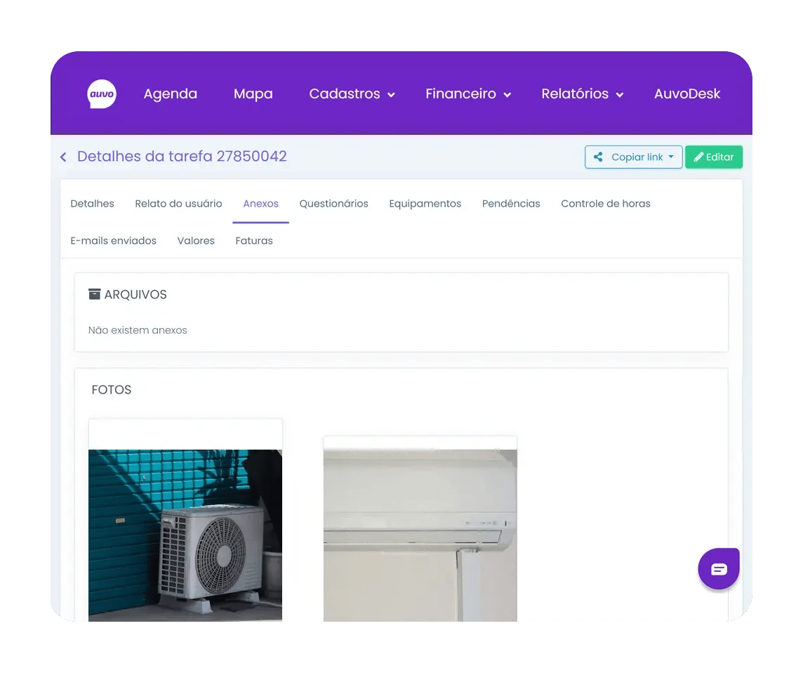 Detalhes da tarefa no painel web do Auvo Service, aba Anexos, com fotos da condensadora e da evaporadora enviadas pelo técnico