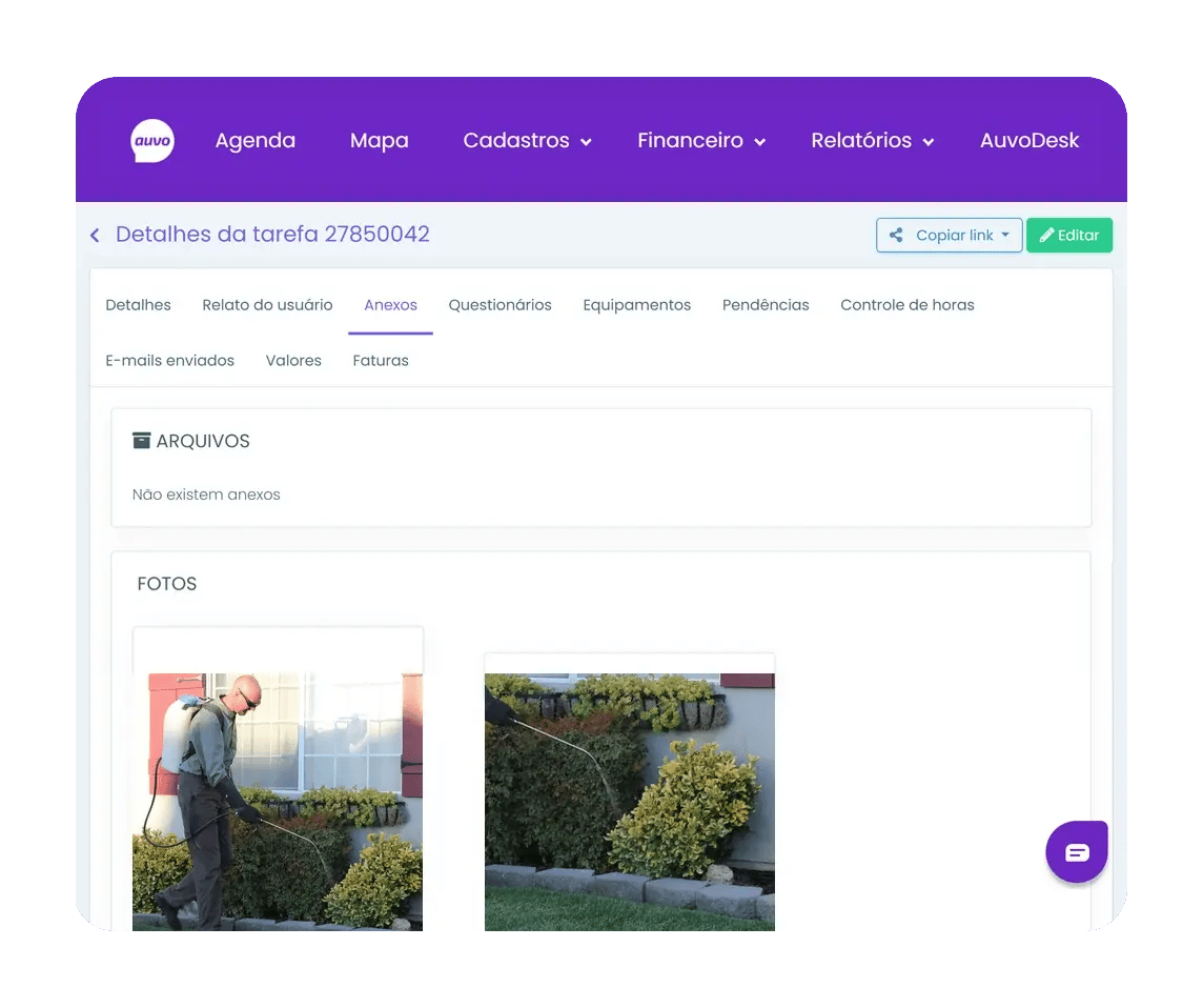 Relatório de tarefa do Auvo Service com checklist, fotos e assinatura