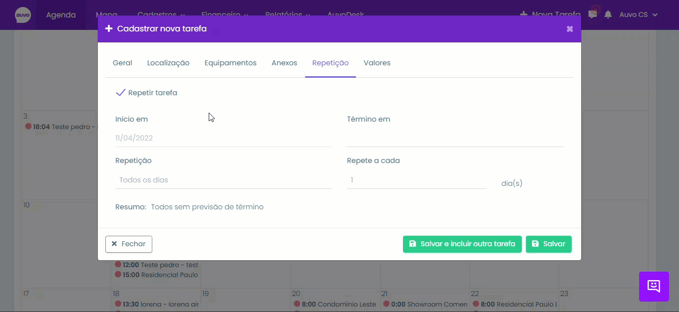 Como cadastrar tarefa repetida no Auvo
