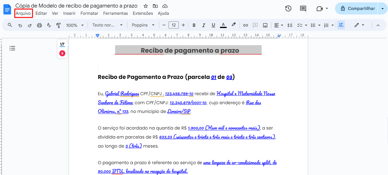 Como fazer recibo em PDF - passo 1