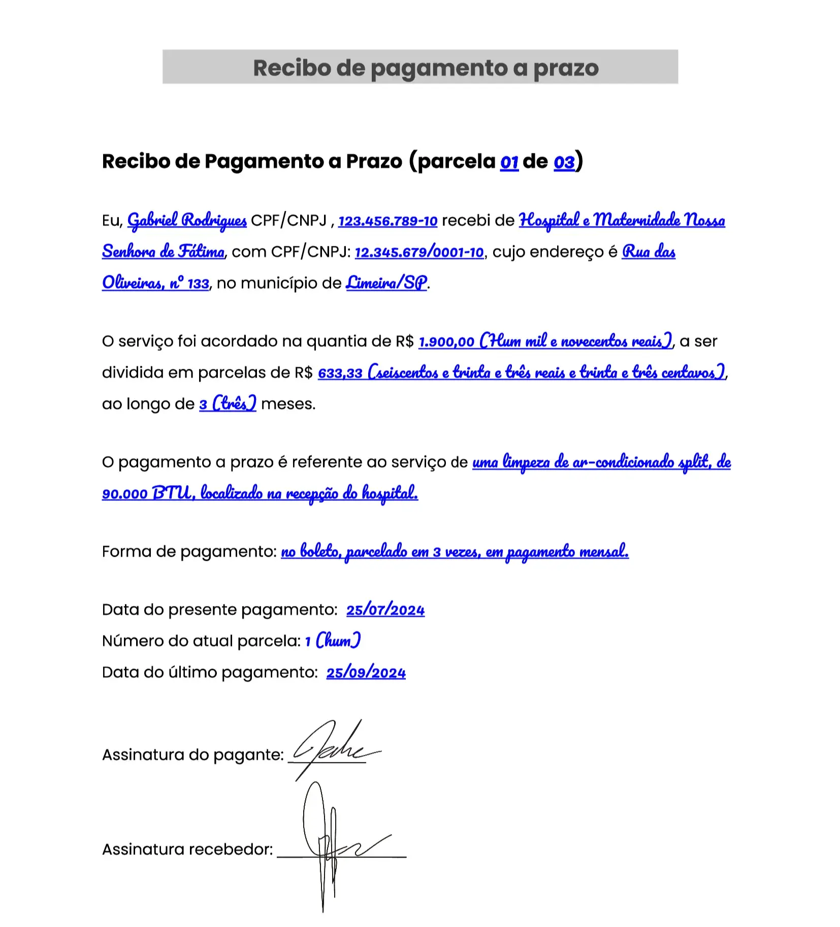 Exemplo de recibo de pagamento a prazo