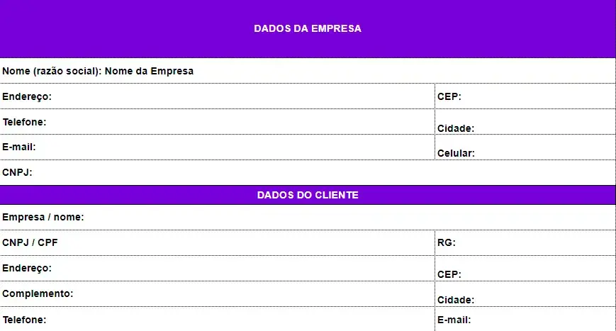 Modelo de OS - dados da empresa e cliente