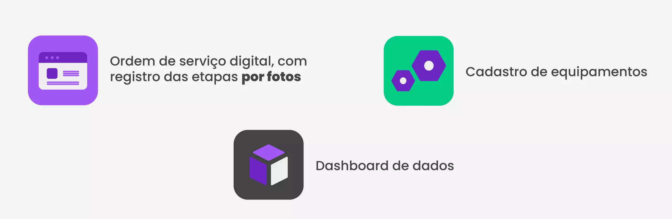 1. Ordem de serviço digital, com registro das etapas por fotos 2.Dashboard de dados&nbsp; 3. Cadastro de equipamentos&nbsp;