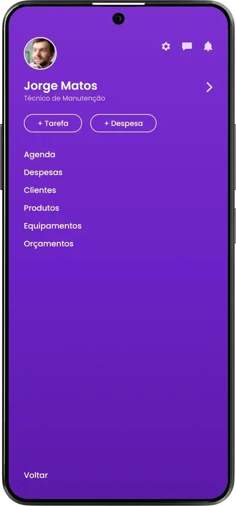 Animação do app do técnico do Auvo Service: menu, agenda do dia, detalhe da OS, relatório com fotos e assinatura, questionário de PMOC, despesas e mapa