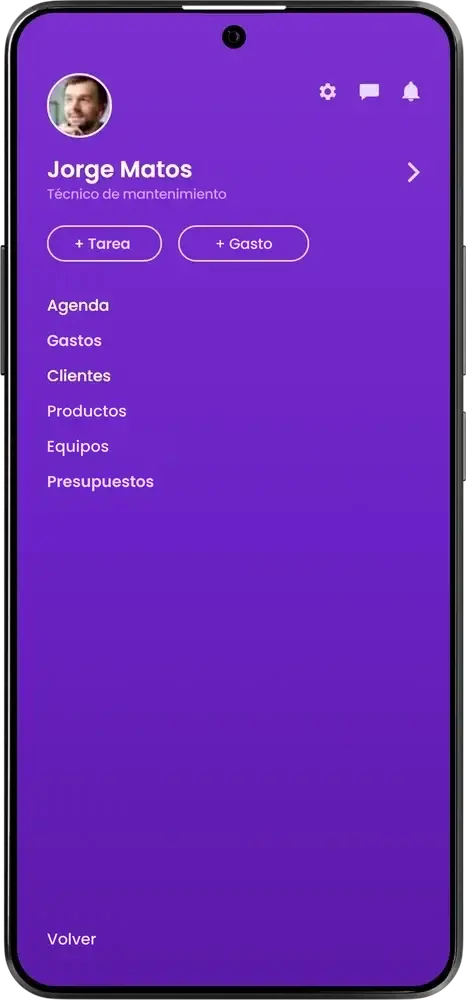 Animación de la app del técnico de Auvo Service: menú, agenda del día, detalle de la orden de trabajo, informe con fotos y firma, cuestionario, gastos y mapa