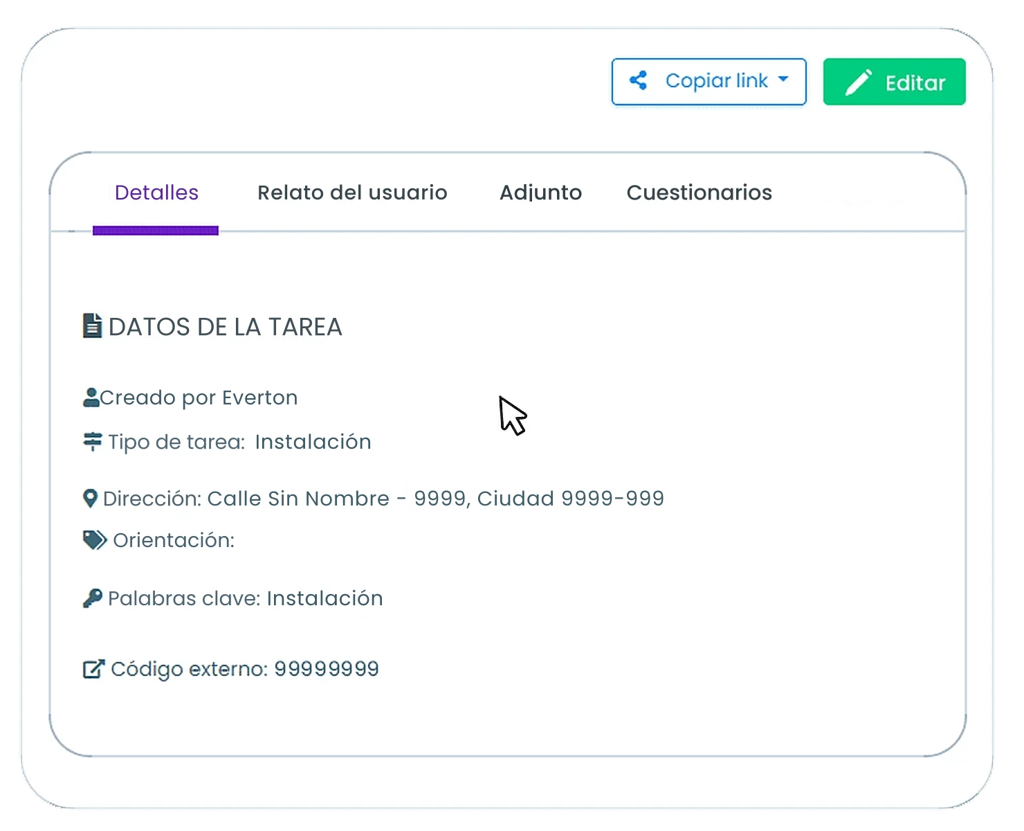 Creación de la orden de trabajo digital en Auvo Service: los datos de la tarea, el botón para copiar el enlace y el informe de actividades que recibe el cliente