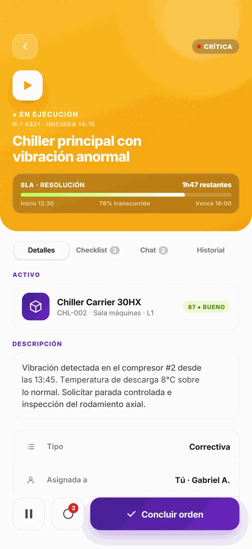Orden de trabajo en curso en la app, con plazo del SLA, activo vinculado y pestañas de checklist, chat e historial