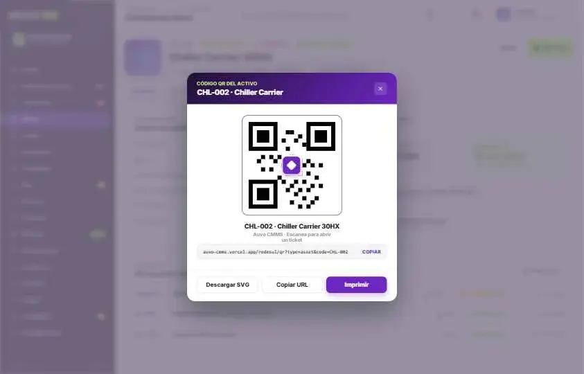 Código QR del activo CHL-002 generado en Auvo OPS, con opciones para descargar, copiar la dirección e imprimir la etiqueta