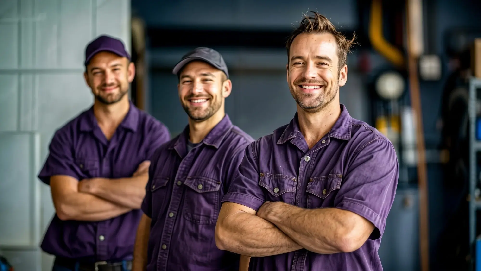 Equipe de técnicos de serviço com uniforme roxo