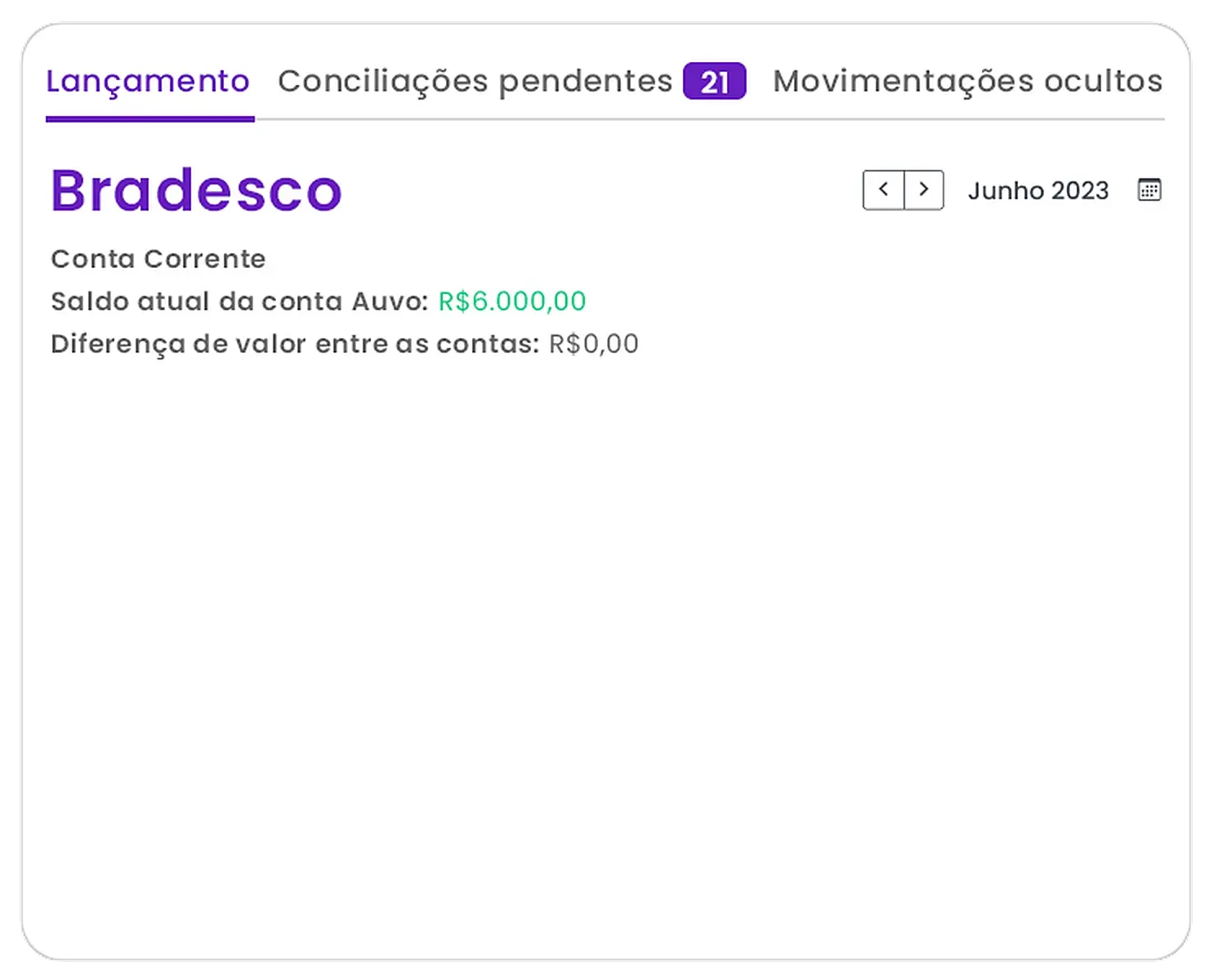 Conciliação bancária no Auvo: lançamentos, conciliações pendentes e saldo atual da conta