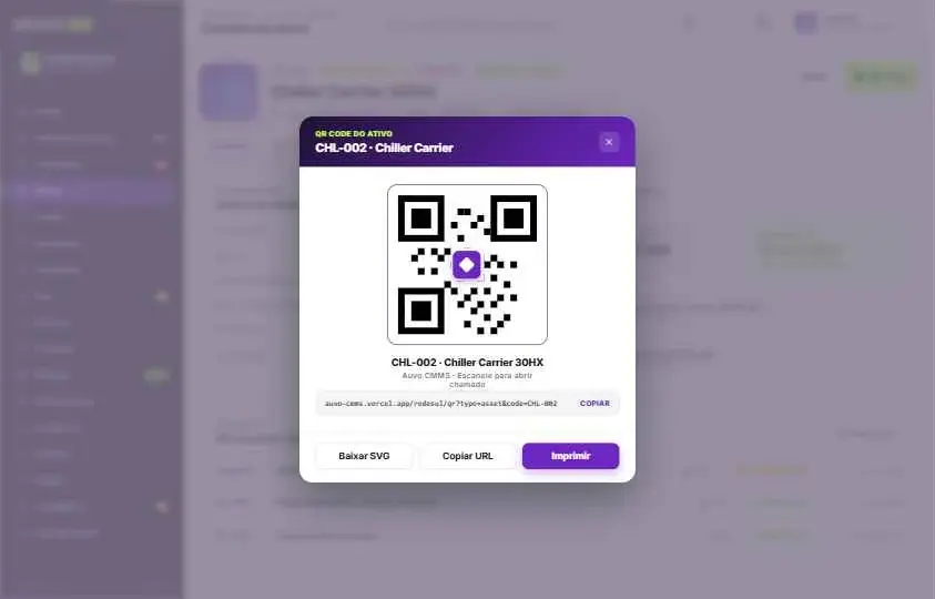 QR Code do ativo CHL-002 gerado no Auvo OPS, com opções de baixar, copiar o endereço e imprimir a etiqueta