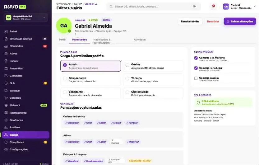Cadastro de técnico no Auvo OPS com função, permissões por módulo, locais visíveis e aba de habilidades e certificações