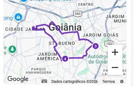 Mapa com a rota do dia de um técnico e a sequência numerada das visitas