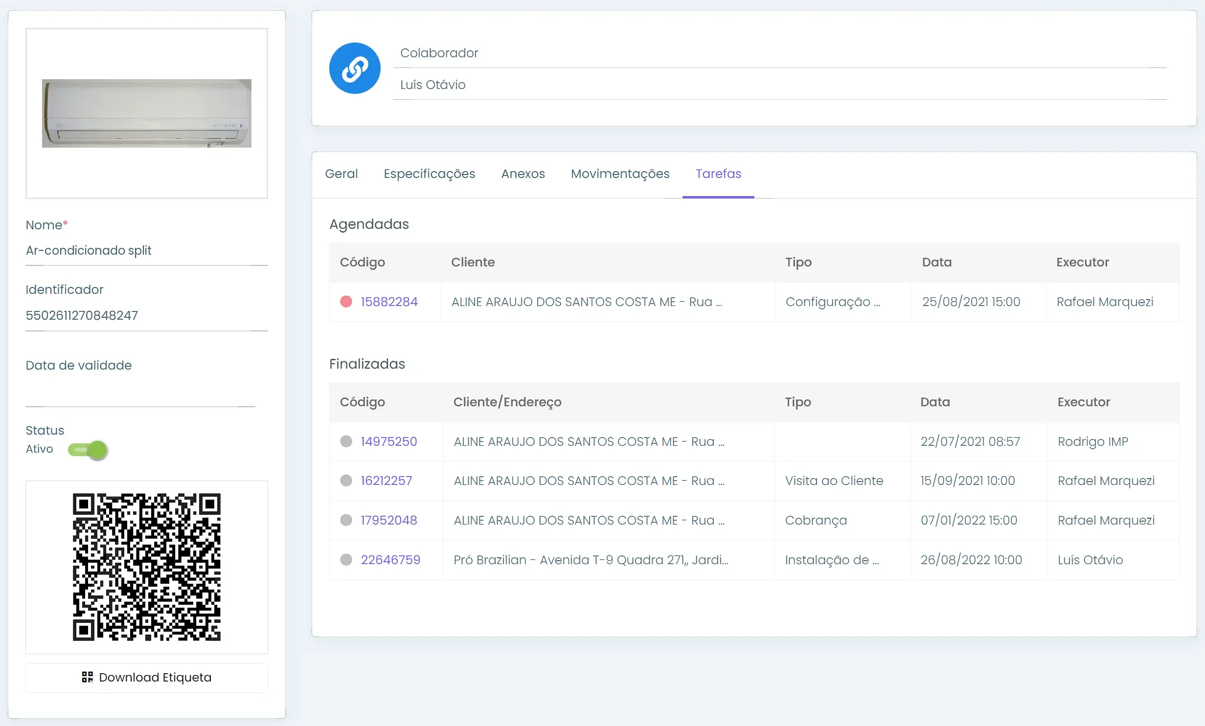 Ficha de um ar-condicionado split na aba Tarefas, com tarefas agendadas e finalizadas, cliente, tipo, data e executor
