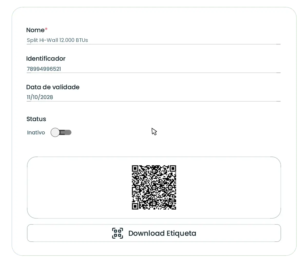 Cadastro de um split hi-wall de 12.000 BTUs com nome, identificador, data de validade, status e etiqueta de QR Code para download