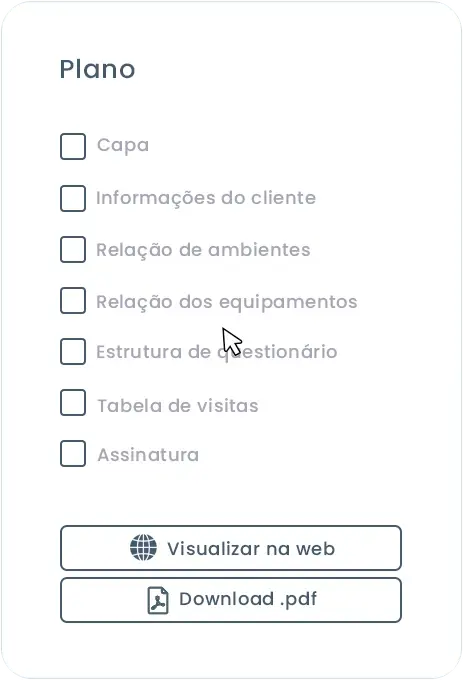Tela do plano de PMOC no Auvo Service com as seções capa, informações do cliente, relação de ambientes, relação dos equipamentos, estrutura de questionário, tabela de visitas e assinatura, e os botões visualizar na web e baixar em PDF