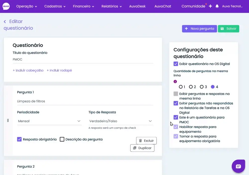 Editor de questionário do Auvo Service com o questionário PMOC, a pergunta Limpeza de filtros com periodicidade mensal e resposta obrigatória