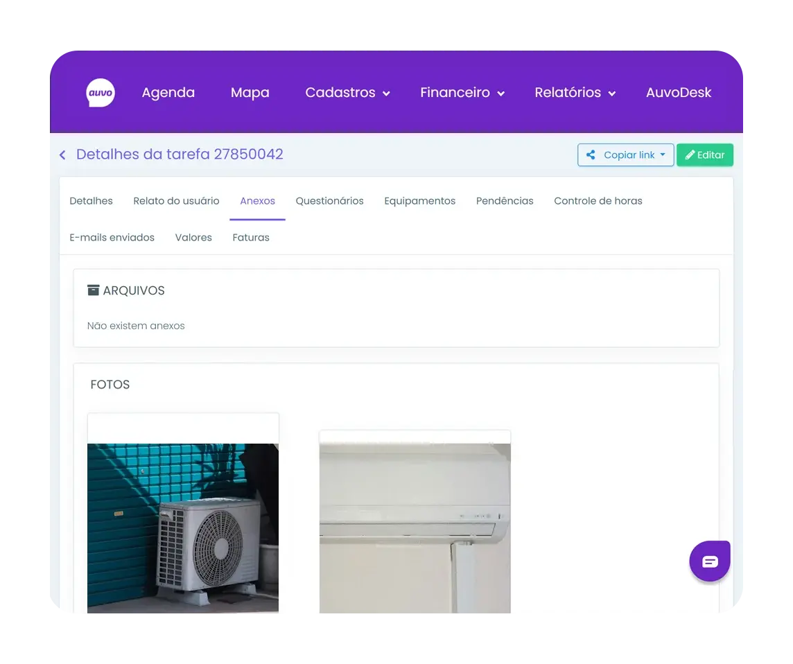 Detalhes de uma tarefa no Auvo Service com abas de questionários, equipamentos e pendências e as fotos da condensadora e da evaporadora registradas na visita